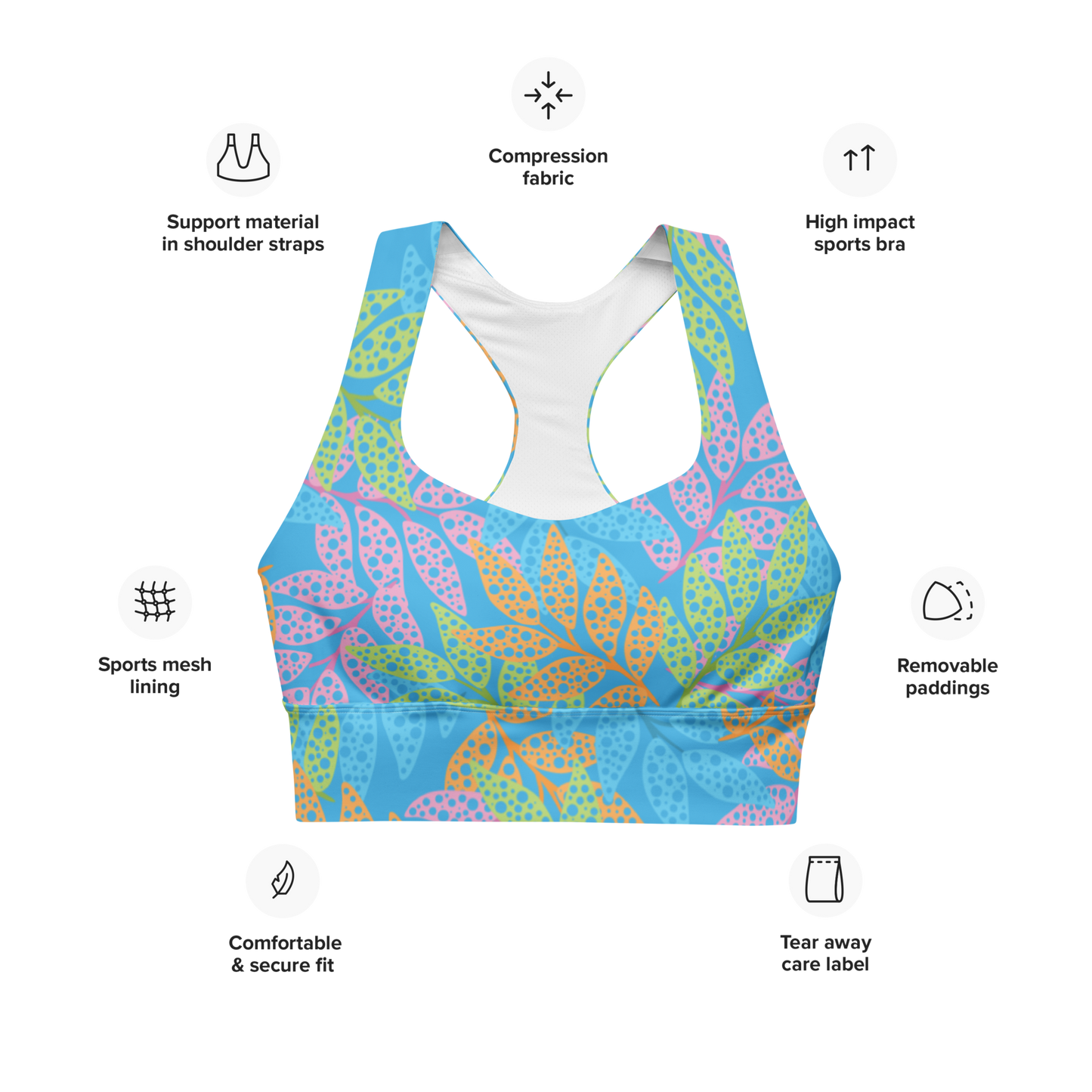 Blue Seaweed Print Longline Sports Bra