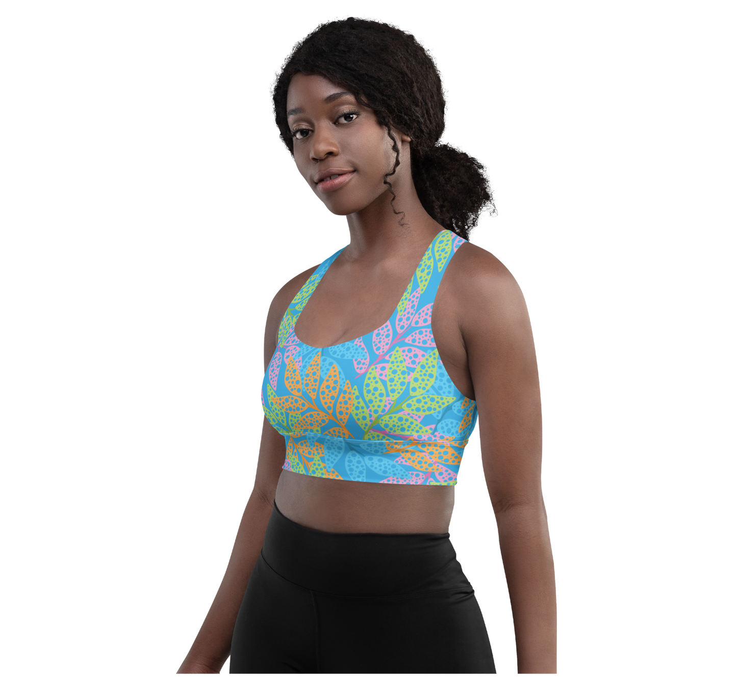 Blue Seaweed Print Longline Sports Bra