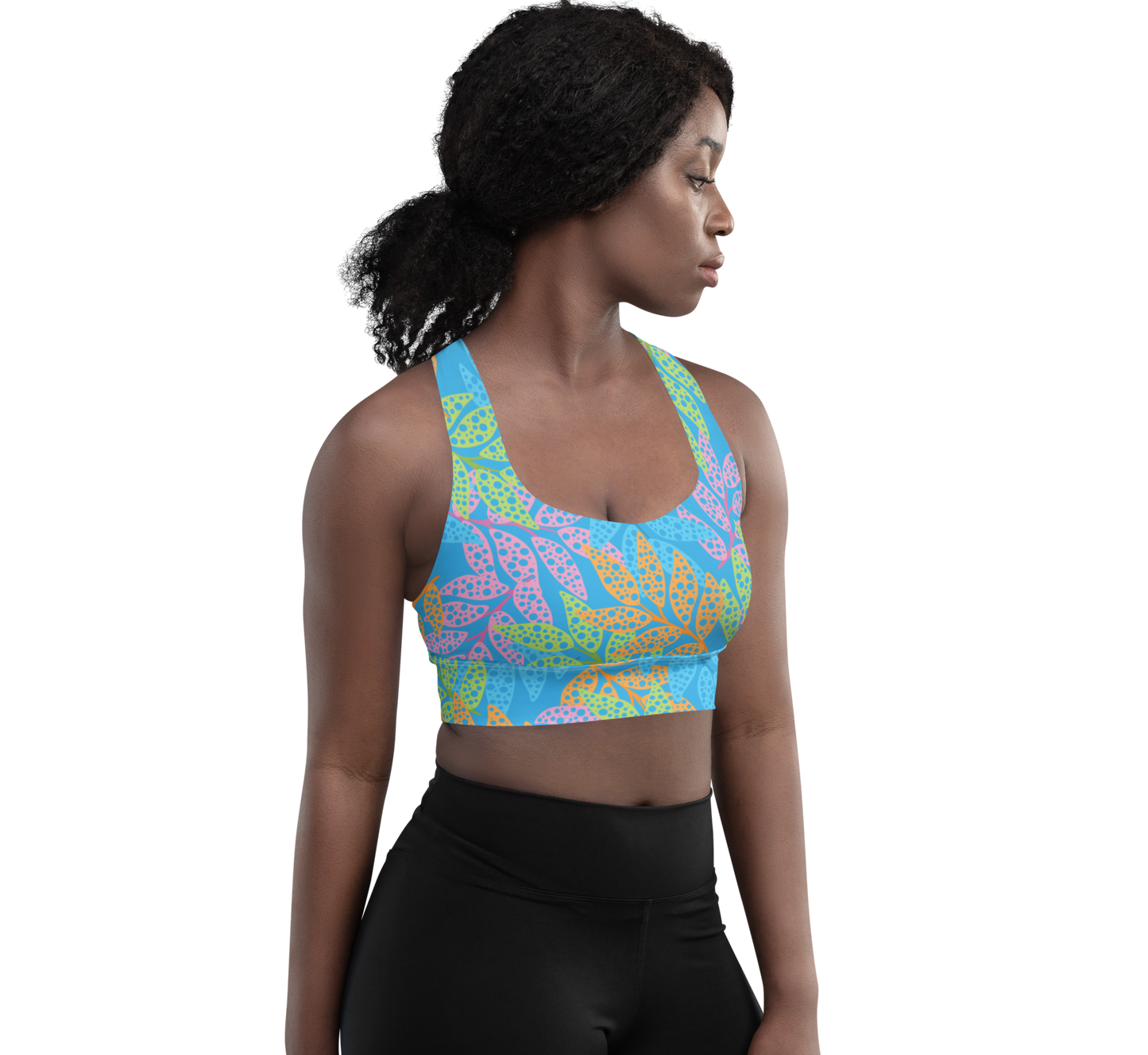 Blue Seaweed Print Longline Sports Bra