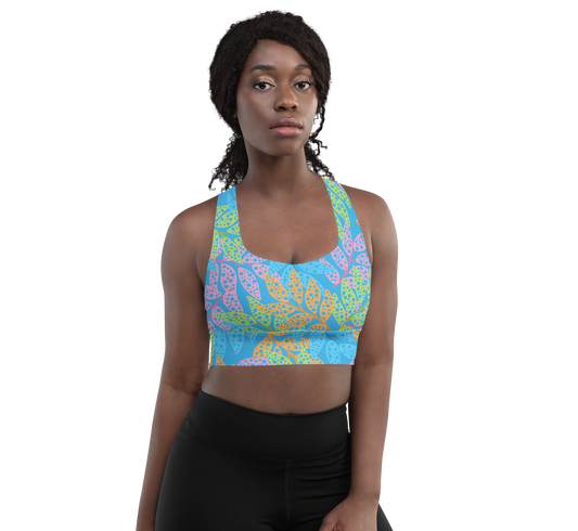 Blue Seaweed Print Longline Sports Bra